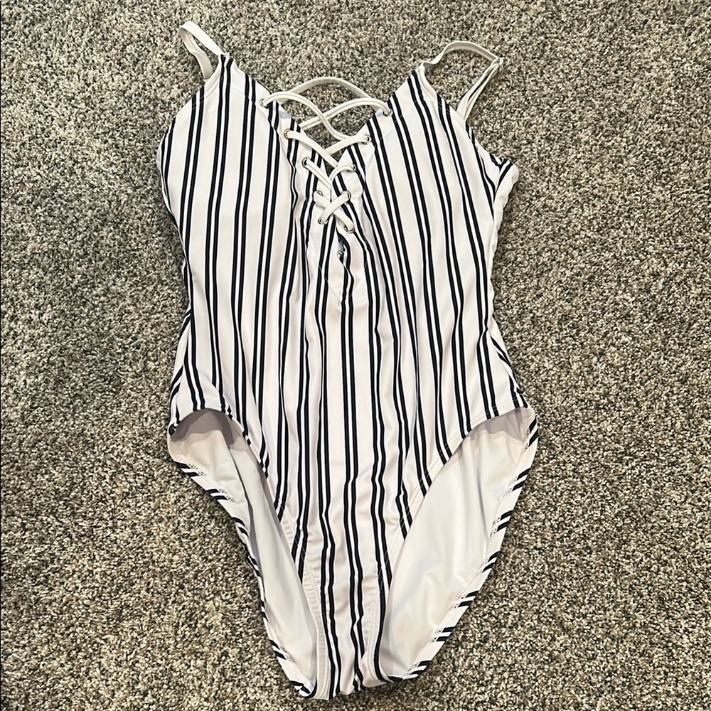Nautica Navy and White Striped One Piece Swimsuit